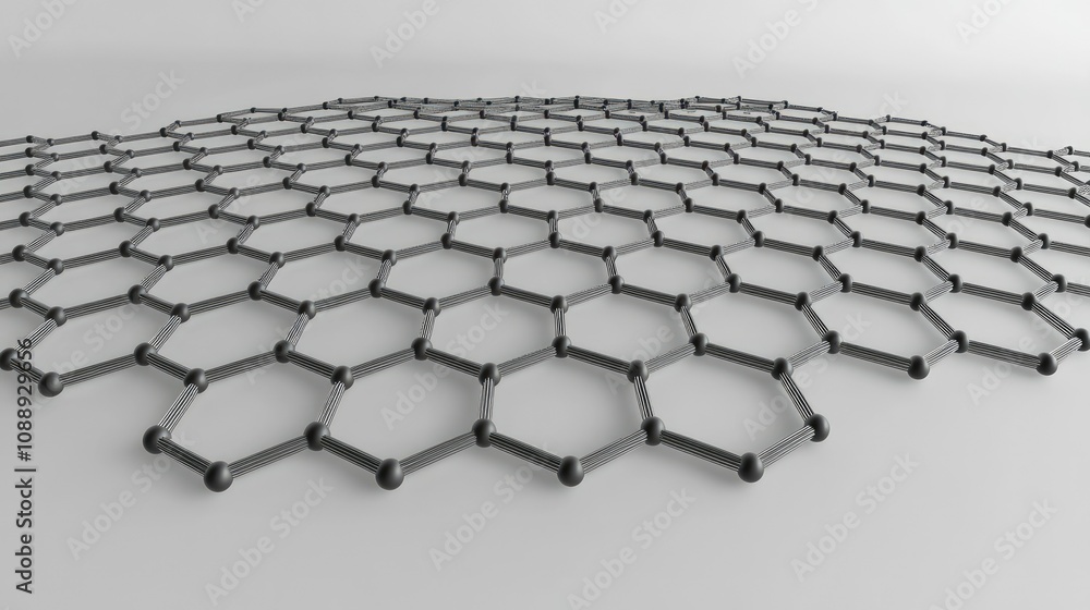 Poster 3D rendering of a graphene molecular grid, showcasing its hexagonal atomic structure, symbolizing the cutting-edge field of nanotechnology and materials science.