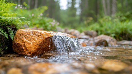 Obraz premium Gentle stream flowing over rocks in lush forest nature scene tranquil environment close-up view