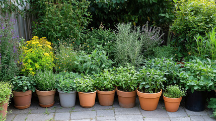 An assortment of herbs and plants in colorful terracotta pots arranged on a patio, surrounded by lush greenery. Perfect for outdoor gardening ideas.