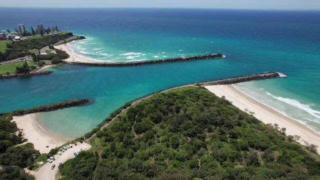 Panorama Of Marlo's Beach, Tweed River, Ocean, Duranbah Beach And Point Danger Headland In Australia. - aerial shot