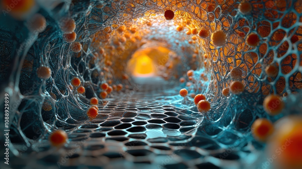 Aufkleber a 3d illustration of graphene's atomic structure, with a hexagonal molecular grid pattern, highlight