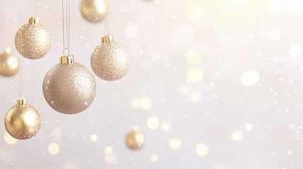 Fototapeta premium Sparkling golden Christmas ornaments hanging against a white background with bokeh lights, creating a festive and elegant holiday atmosphere.
