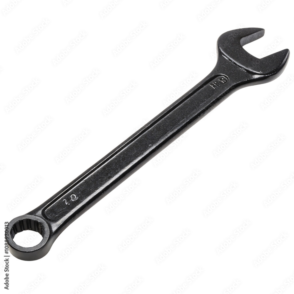 Poster a polished metallic spanner featuring one open and one circular end, perfect for precision mechanica