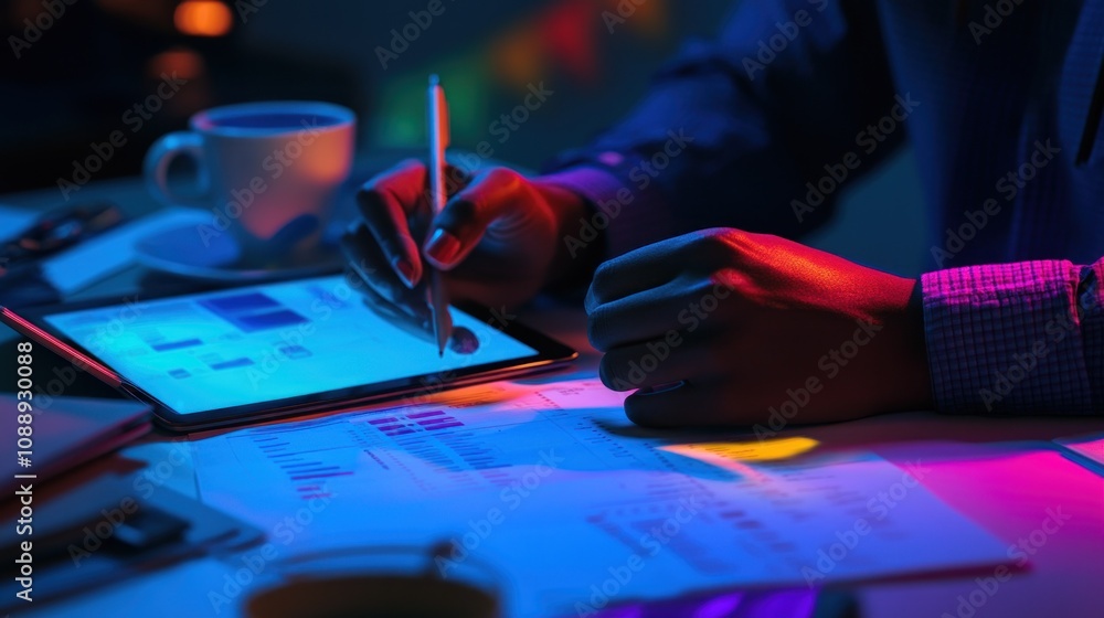 Poster a person analyzing data on a tablet with a cup of coffee nearby in a dimly lit environment.