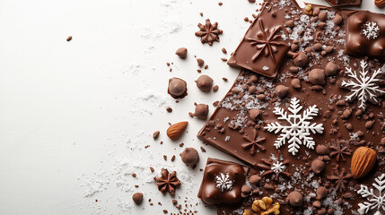 Fototapeta premium Flat lay of chocolate bark embedded with edible snowflakes and nuts, against a simple white background