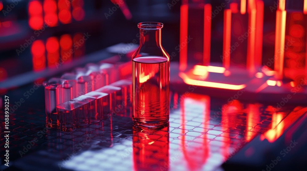 Poster a close-up of a nanotechnology research table featuring a clear glass and red bottle, with a red lig