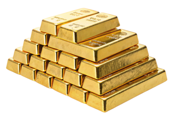 A pyramid stack of gold bars, reflecting opulence and wealth, each bar engraved with fine details of its authenticity and purity, set against a transparent background