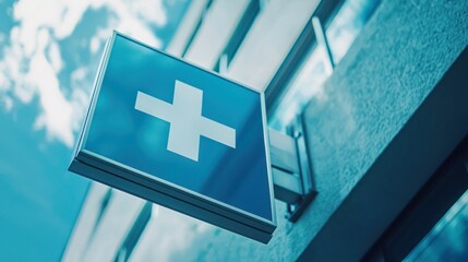 Large blue hospital sign with a white cross outside an emergency entrance