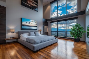 Elegant Modern Loft Bedroom Design Featuring Expansive Windows and Stunning Views in a Contemporary Stylish Space