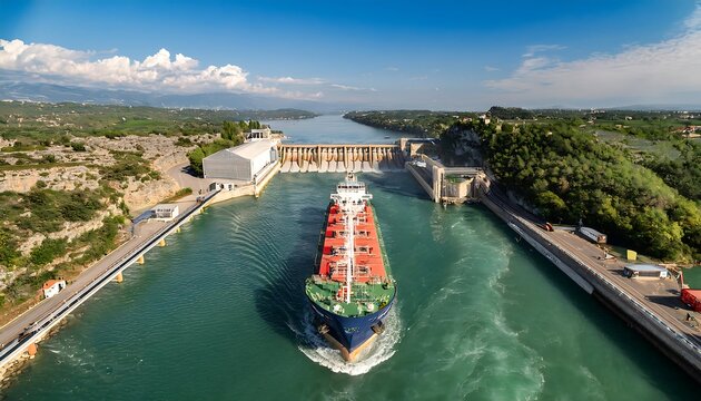 Saulce sur Rhone, France Industrial ship passing through the lock above the hydroelectric power plant on the Rhone river in the Drome district of France