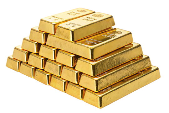 A pyramid stack of gold bars, reflecting opulence and wealth, each bar engraved with fine details of its authenticity and purity, set against a transparent background