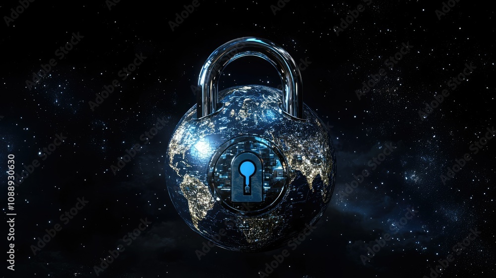 Poster A conceptual image of a digital lock over a globe, signifying the importance of cybersecurity, global data protection, and AI-powered security systems.