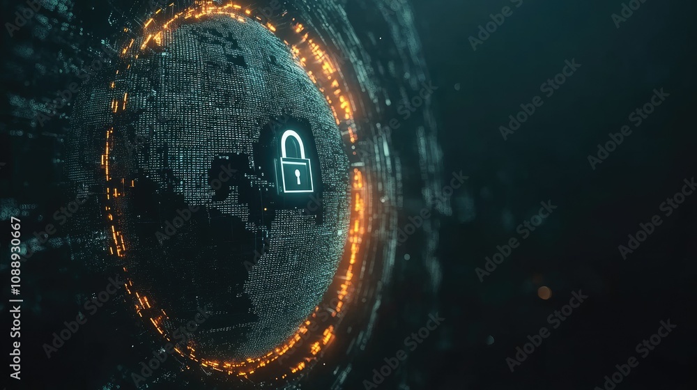 Poster a dark background with a digital lock encircling a glowing globe, symbolizing the concept of global 