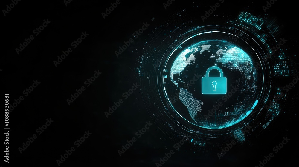 Poster a dark background with a digital lock encircling a glowing globe, symbolizing the concept of global 