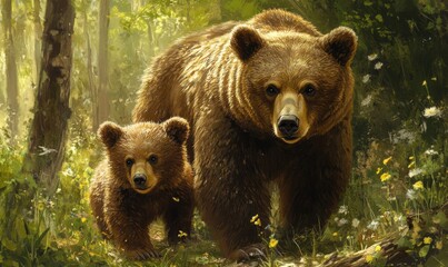 Fototapeta premium Mother bear and cub exploring the forest together, bears, wildlife, nature, family, adorable, fluffy, furry