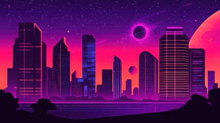Fototapeta premium Retro futuristic city skyline at night with planets.