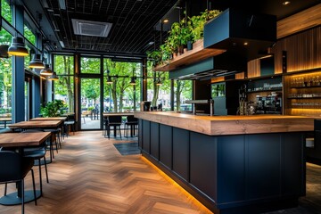 Modern Kitchen with Island Seating Perfect for Informal Dining and Socializing in a Bright, Open Space Surrounded by Large Windows and Greenery