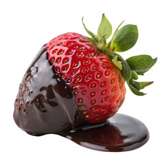 A ripe strawberry dipped halfway in dark, glossy chocolate, resting on a small pool of chocolate, with its green leaves fresh and intact, set against a transparent background