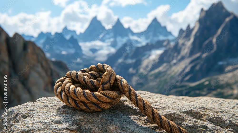 Poster a detailed image of a rope knot on a rock with towering mountain peaks in the background, illustrati