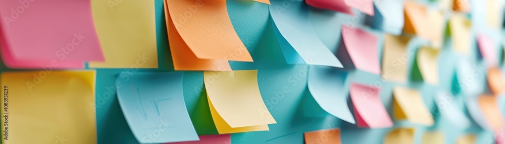 Poster a colorful array of sticky notes arranged on a wall, showcasing various hues and sizes, ideal for or