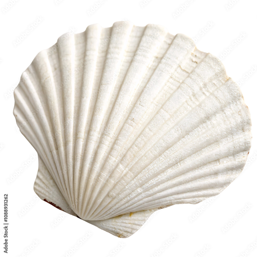 Poster a shell, slightly angled, highlighting its symmetrical contours, soft white hue, and subtle textured