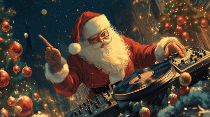 Santa mixing tracks at a turntable, surrounded by festive decorations