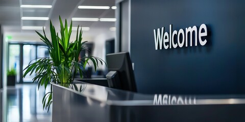 Modern "Welcome" sign in an office lobby with sleek design elements