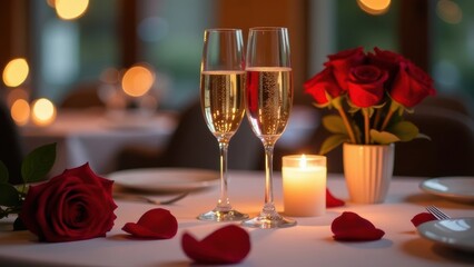close-up glasses of champagne in a restaurant on a table with roses and candle, blurred background