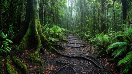 Fototapeta premium Lush Green Forest Pathway Surrounded by Dense Vegetation and Mysterious Fog in a Tropical Jungle Environment for Nature Lovers and Adventure Seekers