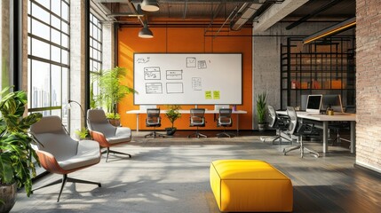 A modern office space featuring bright orange accents, a whiteboard, comfortable seating, and lush plants, designed for collaboration and creativity.