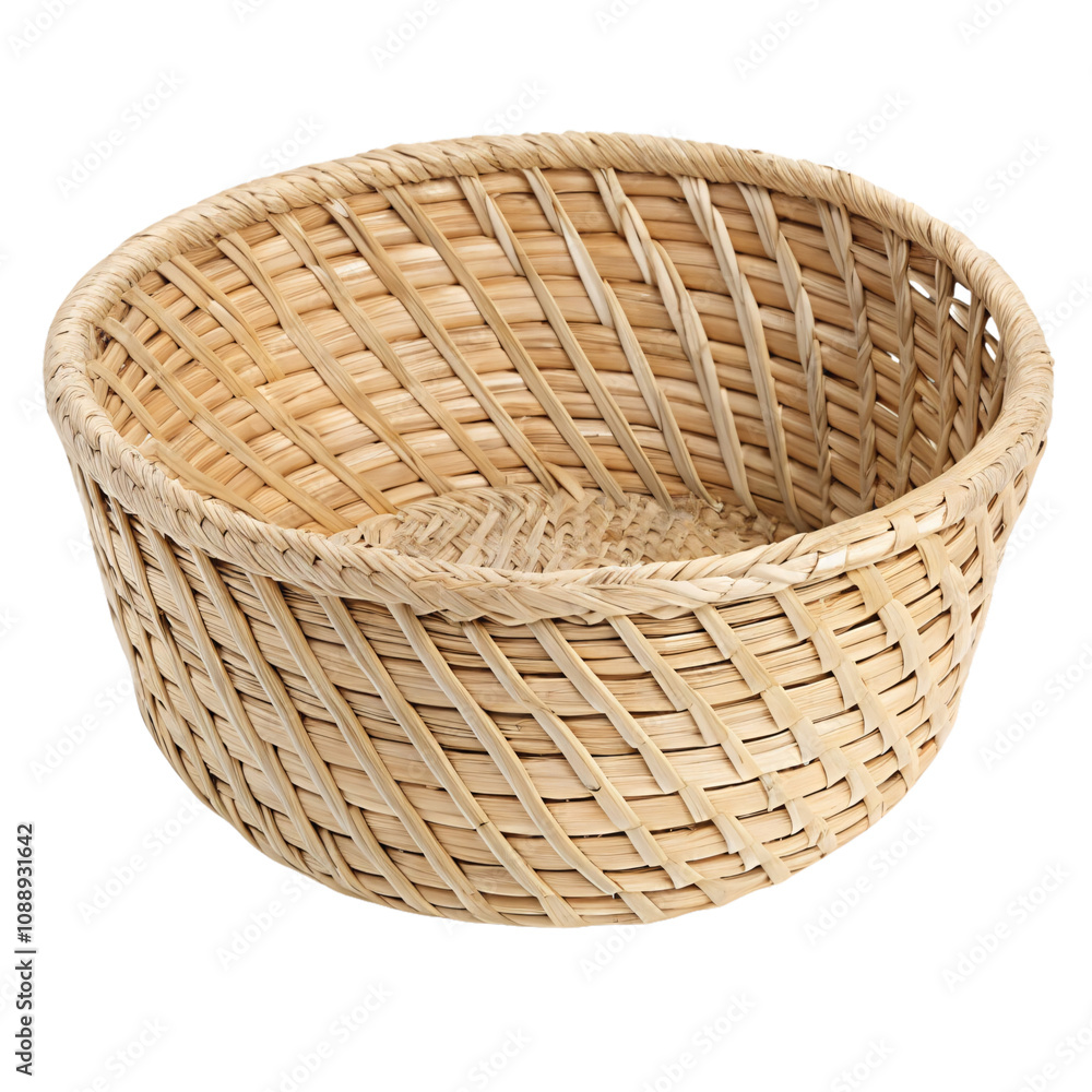 Poster a slanted view of a woven basket, highlighting its smooth structure and diagonal crisscross pattern,
