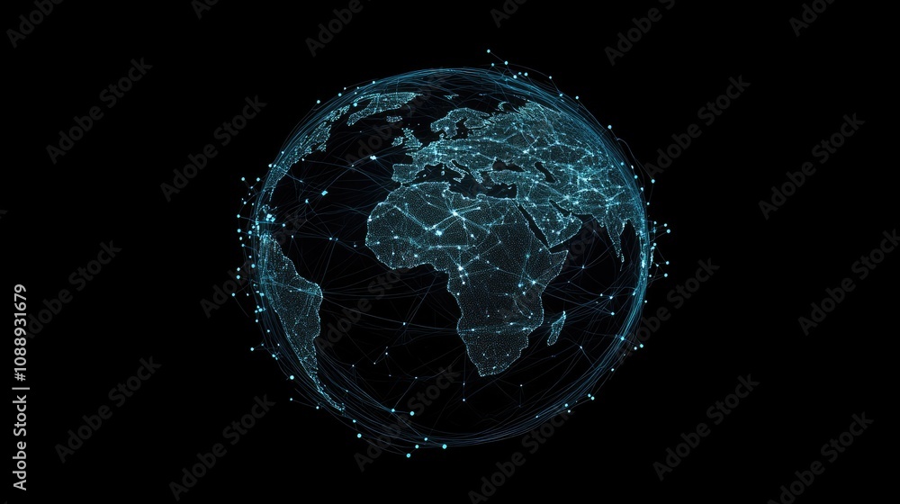 Poster A digital representation of Earth with interconnected blue network lines, illustrating global communication and internet connectivity on a dark background.
