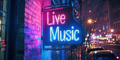 Neon "Live Music" sign outside a concert venue, glowing in blue and pink