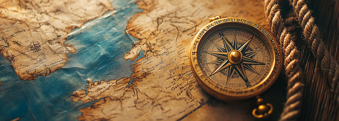 Antique compass resting on an old treasure map surrounded by nautical rope, evoking a sense of adventure and exploration.