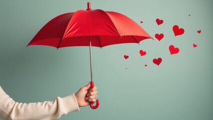 hand holding a red umbrella, red hearts are pouring out of the umbrella on a light background