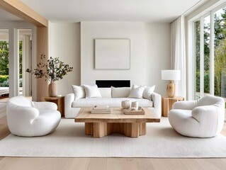 Minimalist Scandinavian Living Room Setup with Soft Textures, Natural Materials, and Abundant Natural Light Highlighting Modern Aesthetic and Calm Ambiance