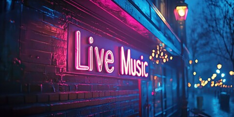 Neon "Live Music" sign outside a concert venue, glowing in blue and pink