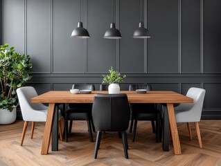 Elegant Minimalist Dining Room Showcasing a Monochrome Palette with Stylish Furniture and Natural Elements for Modern Interiors