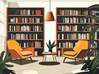 A cozy reading nook featuring two orange armchairs, a small table, a plant, and bookshelves filled with books.