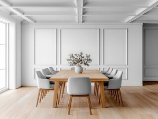 Minimalist Dining Room with Monochrome Palette Featuring a Wooden Table and Elegant Chairs in a Bright, Spacious Environment