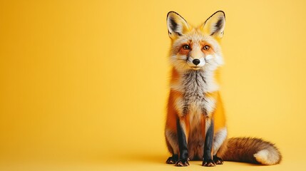 A realistic illustration of a fox sitting against a bright yellow background.
