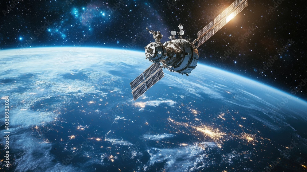 Poster a futuristic space station above earth surface, offering a panoramic view of the planet with distant