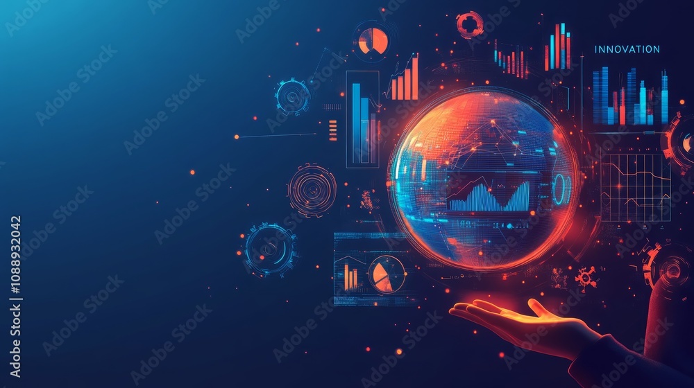 Poster global data analysis, futuristic technology, digital globe in hand, charts and graphs.