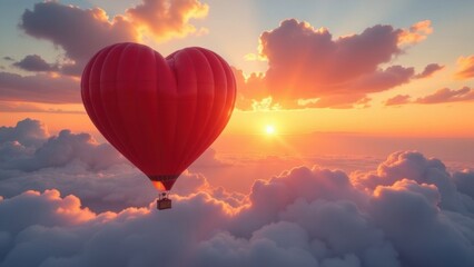 Fototapeta premium banner of a hot air balloon in the shape of a red heart flies in the sunset sky with clouds, Valentine's Day concept