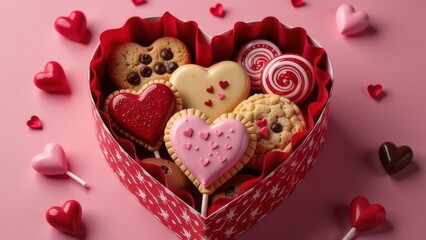 top view of a heart-shaped box with candies in the form of red and pink hearts, cookies and gingerbread with icing on a pink background with candies
