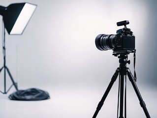 Retro Film Camera Setup Studio Space Equipment Minimalist Environment Angled Creative Concept