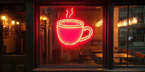 Neon sign shaped like a coffee cup in front of a trendy cafe