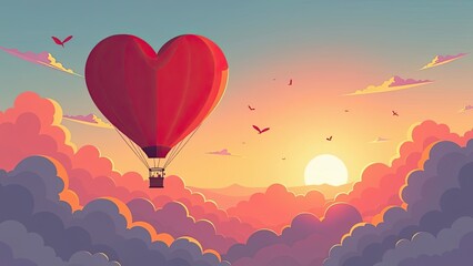 Fototapeta premium banner illustration of a hot air balloon in the shape of a red heart flies in the sunset sky with clouds, Valentine's Day concept