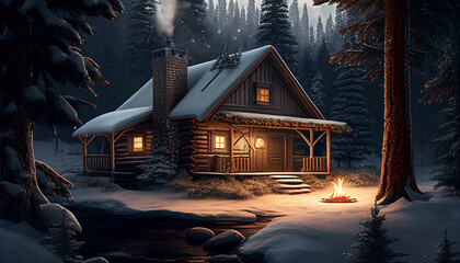 Wooden House In The Middle Of The Snow Forest 