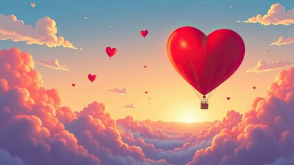 Fototapeta premium banner illustration of a hot air balloon in the shape of a red heart flies in the sunset sky with clouds, Valentine's Day concept